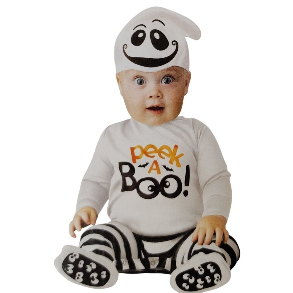 Infants and Toddlers 6-12 Mo Giggly Ghost Halloween Costume Jumpsuit and Cap